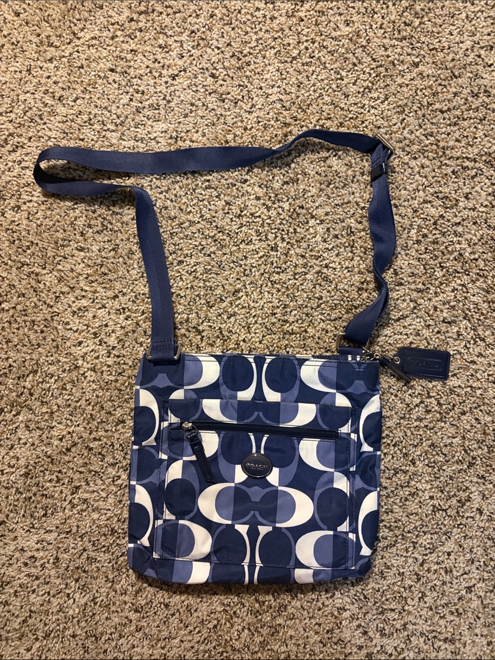 Coach Navy and White Signature Crossbody Bag